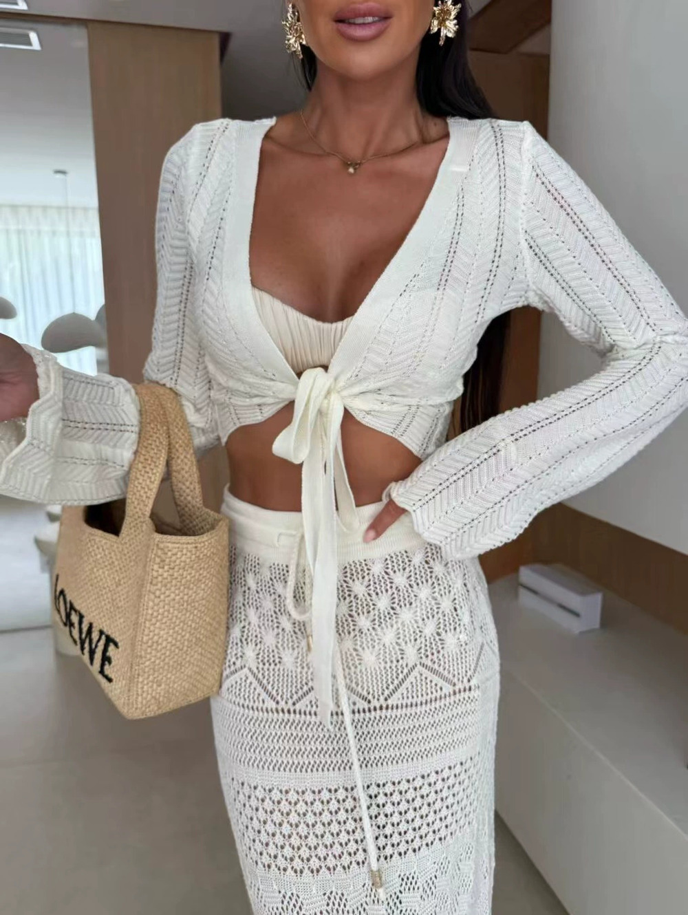 Zara Beach Knit 2-Piece Set Long Sleeve Cropped Top with Tie Cutout and Skirt